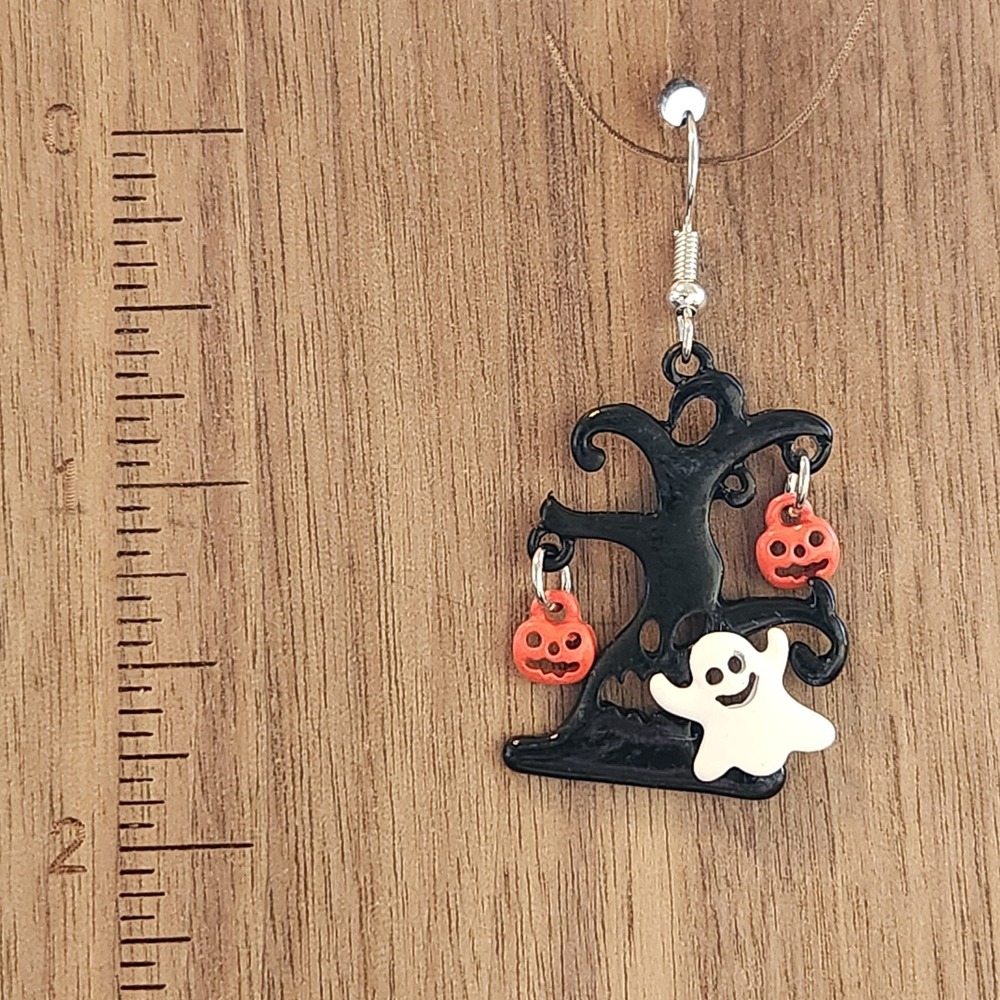 Halloween Haunted Tree Ghost Pumpkin Dangle Earrings Black Orange Spooky 2.0" - Picture 2 of 5